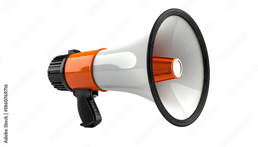 Naklejka premium A classic, orange, white, and black megaphone isolated on a black background