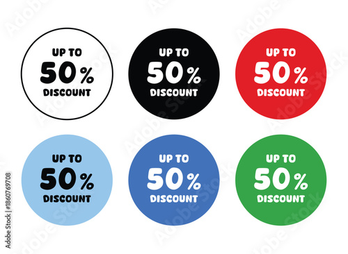 Up to 50 Percent Discount Circle Badges Set in Multiple Colors. Suitable for business purpose