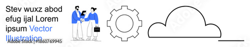 Business solutions, cloud computing, teamwork, digital transformation, technology integration, professional collaboration. Two individuals shaking hands, cloud with gear symbol. Business solutions