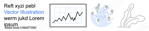 Business growth, data trends, global connectivity, information exchange, location tracking, financial analysis. A line graph, globe with location markers and abstract shapes. Business growth