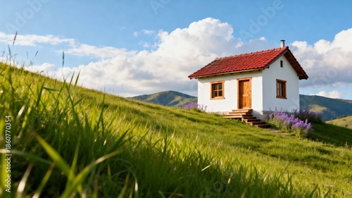 Wallpaper Mural Small white cottage with red roof on a grassy hillside under a blue sky Torontodigital.ca