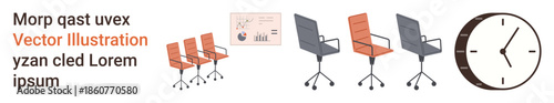 Workplace design, time management, business strategy, corporate identity, office settings, productivity . Office chairs, a clock and a document illustration. Workplace design and time management