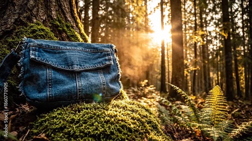 Denim Bag Resting on Mossy Forest Floor with Sunlight.