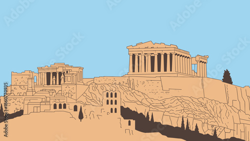 Ancient Greek Acropolis Landmark, Athens, Greece, Iconic Landmark Illustration