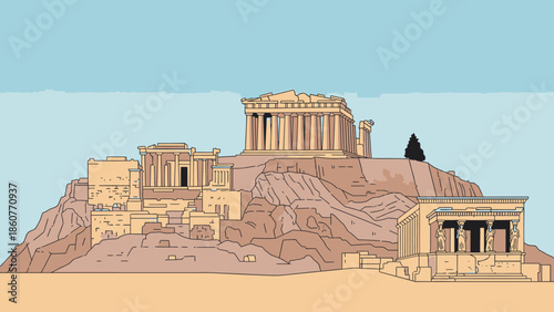 Ancient Greek Acropolis Landmark Illustration, Athens, Greece