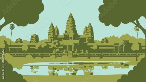 Angkor Wat Temple Silhouette Reflection Landmark Cambodia Travel Flat Design