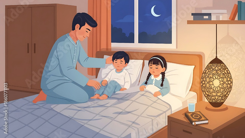 A loving father gently tucks his children into bed during their peaceful nighttime routine, showcasing family bonding and warm parental care