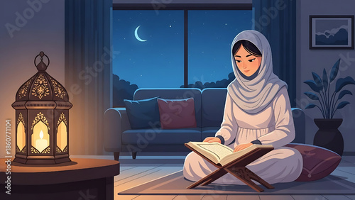 Young Muslim Woman in Hijab Reading Quran on a Mat with Ramadan Lantern