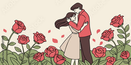 Romantic Love in Red Rose Garden