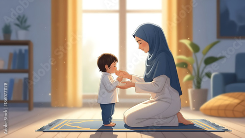 Tender illustration of a devoted mother in a hijab nurturing her son on a prayer mat in a serene, sunlit home, capturing the warmth of family and the essence of motherhood