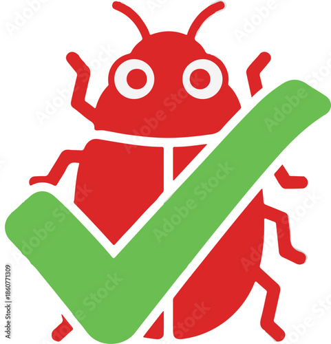 A flat vector illustration of a red bug with a large green checkmark overlaid. This icon represents successful bug fixing, software testing, quality assurance, and system debugging.