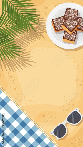 A serene beach scene featuring a picnic setup with sunglasses and a plate of chocolate pastries on a checkered blanket