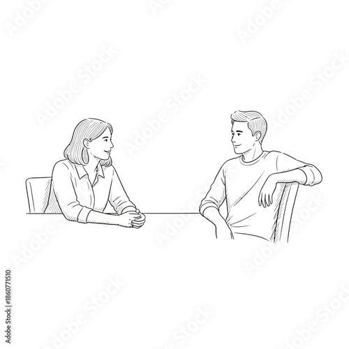 Young man and woman talking at table, sketch style, white background