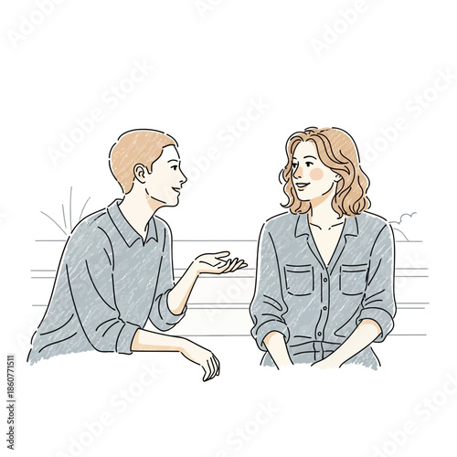 Young man and woman talking, illustration, casual conversation, friendly chat, white background