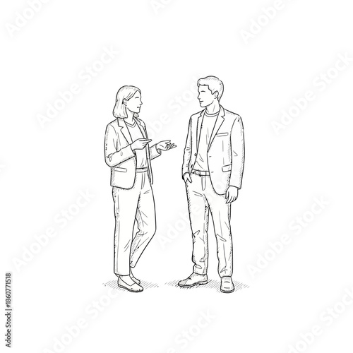 Business Meeting Sketch: Man and Woman in Suits Discussing Ideas on White Background
