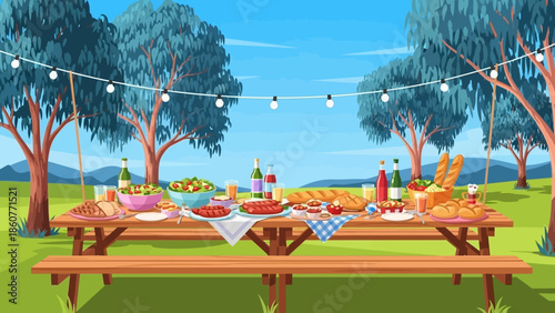 Outdoor Picnic Scene with Food and Drinks on a Table