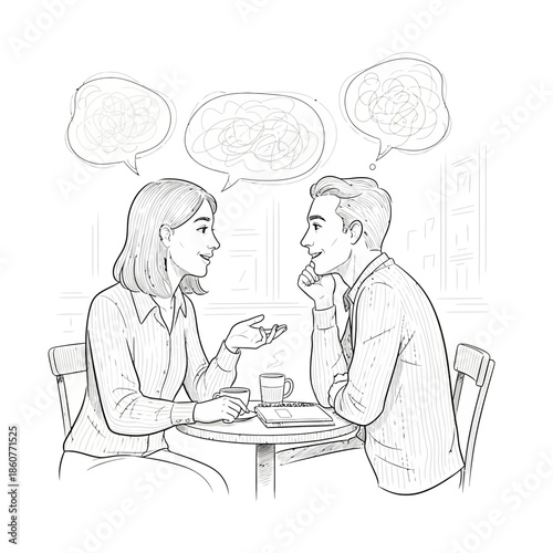 Couple discussing ideas at cafe with speech bubbles