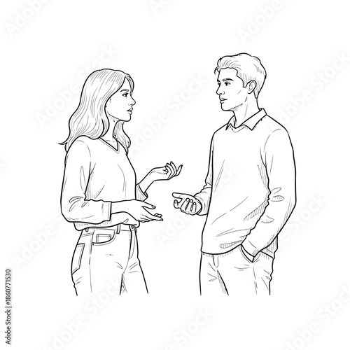 Couple Discussing Ideas, Line Art Illustration