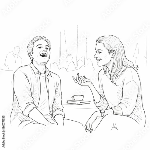 Couple laughing and talking in a cafe, sketch style, friendship and romance