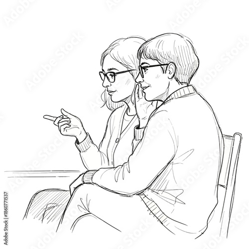Couple sharing secret, whispering and pointing, sketch illustration, white background
