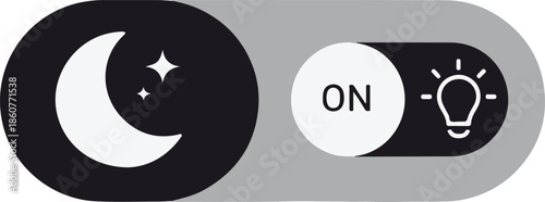 A dark mode toggle switch interface. The left side features a crescent moon and stars in a black circle, while the right shows a light bulb "ON" button on a grey track.