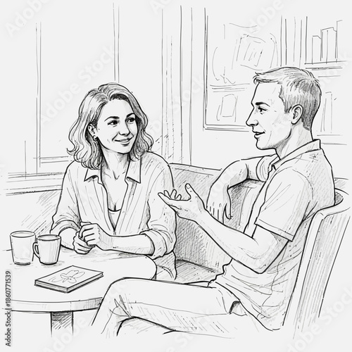 Couple having a conversation at a cafe, sketch style