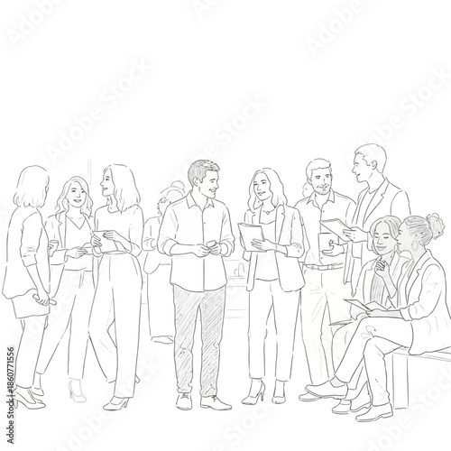 Diverse business people networking and conversing at a meeting or event, sketch style.