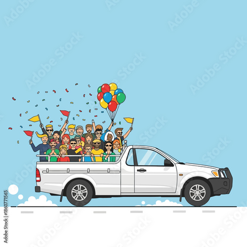 People traveling in a pickup truck with balloons and confetti