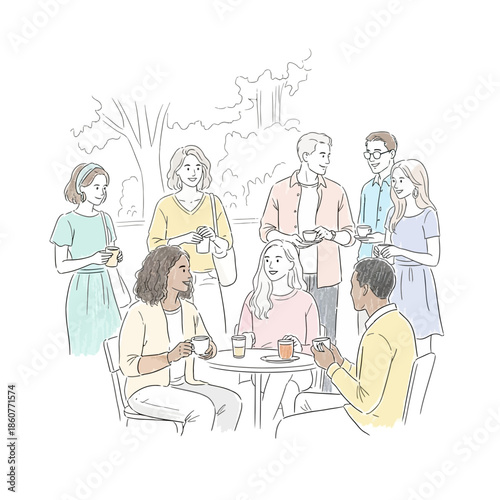 Diverse group of friends enjoying coffee and conversation outdoors