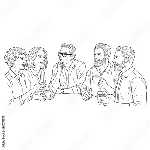 Diverse group of people enjoying coffee, discussing ideas, friendly conversation, teamwork, brainstorming