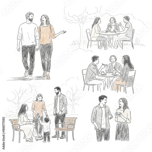 Diverse group of people enjoying outdoor leisure activities like walking, dining, and conversing.