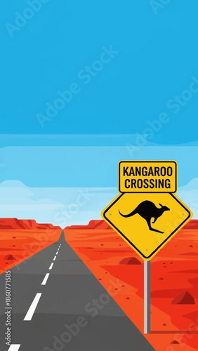 Kangaroo Crossing Warning Sign on Australian Outback Desert Road Illustration