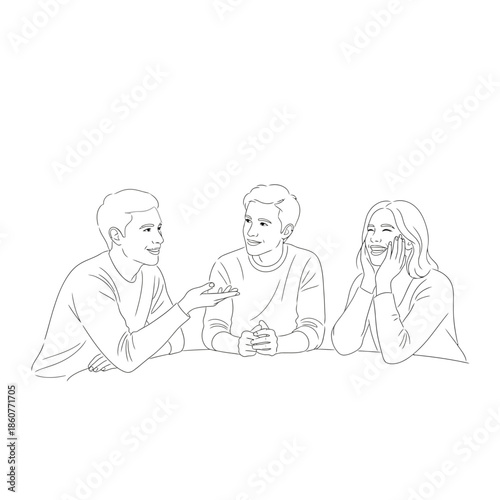 Three Friends Chatting and Laughing Together at a Table - Line Art Illustration