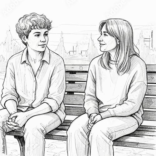 Teenage Duo Sharing Moment on Park Bench, Sketchy Outdoor Scene