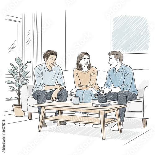 Three friends chatting and laughing while sitting on a couch in a living room.