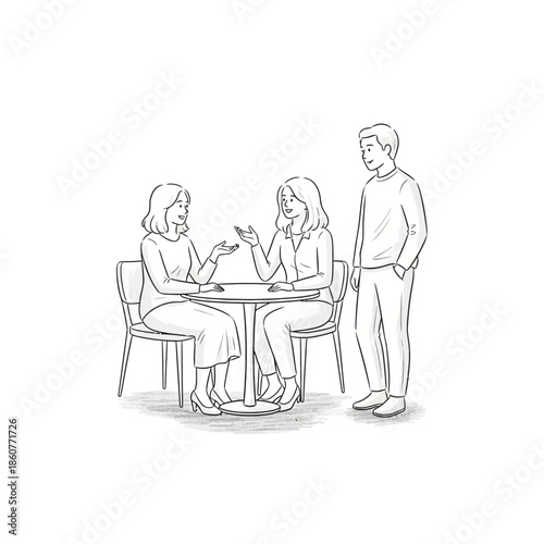 Three friends chatting at a cafe table, minimalist line drawing illustration