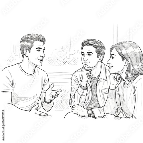 Three friends talking and laughing in a casual setting, illustration style