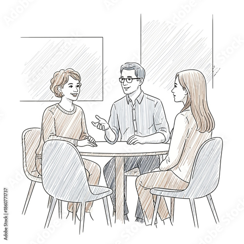 Three people sitting around a table, engaged in conversation, sketch illustration