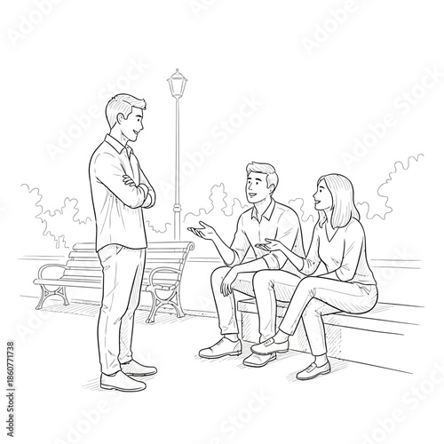 Three friends chatting in a park with benches and a lamppost, line drawing
