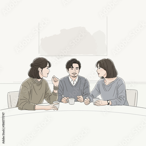 Three people sitting at a table, talking and drinking coffee. Casual meeting.