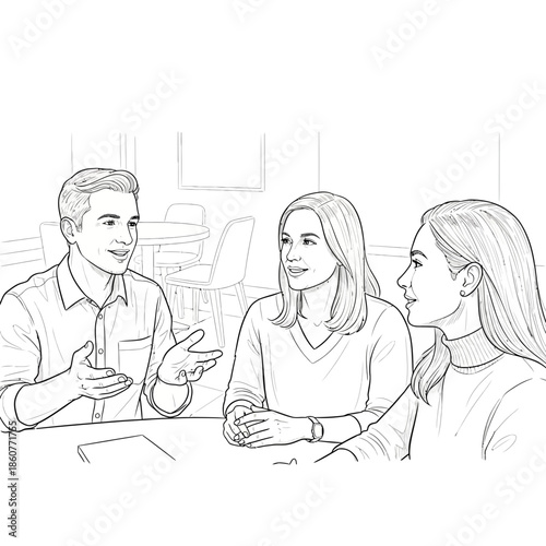 Three people talking and smiling around a table in a modern office or cafe setting.