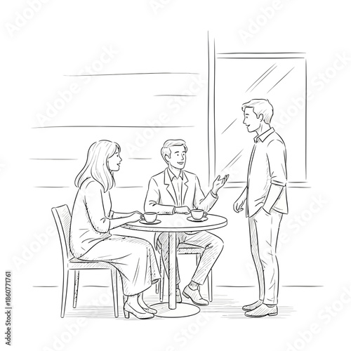 Three people talking at a cafe table with coffee cups, sketch illustration