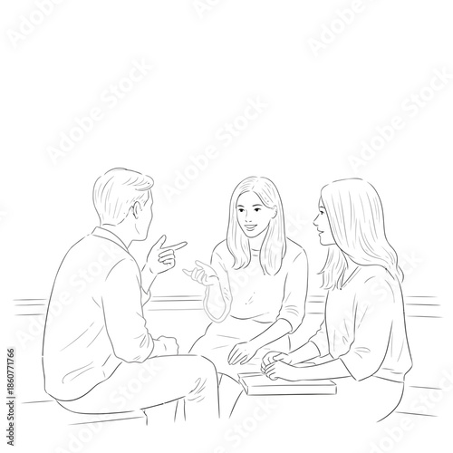 Three people talking and gesturing, sketch illustration