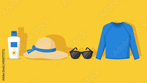 Summer Beach Vacation Essentials Sun Protection Gear and Accessories Flat Design Illustration