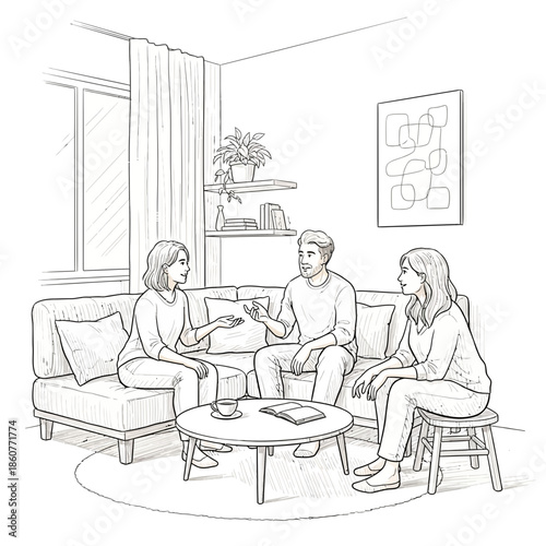 Three people talking in a living room, conversation, modern home interior, sketch