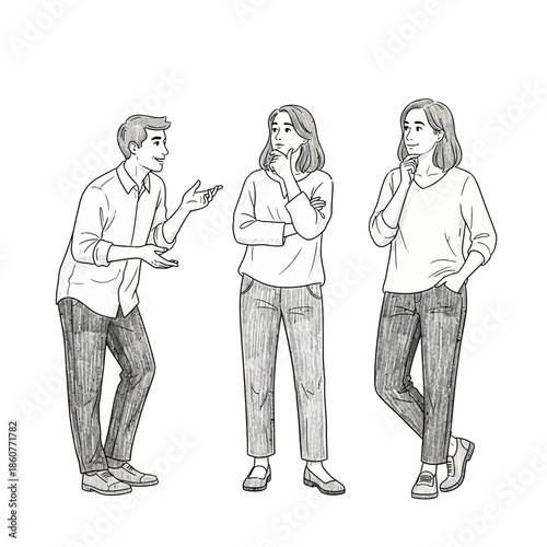 Three people talking and thinking, sketch style illustration on white background.