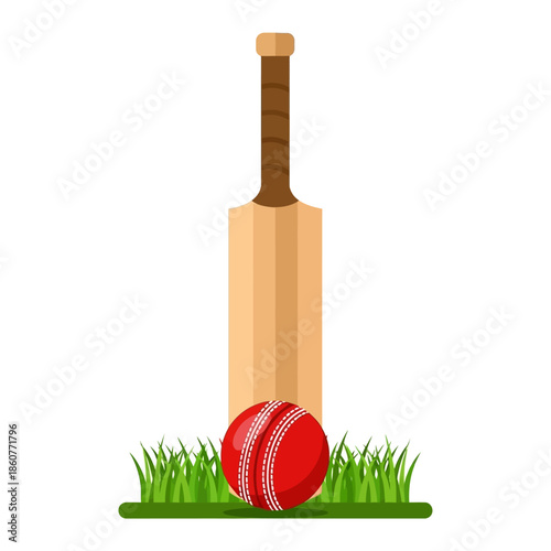 Cricket Bat and Ball on Green Grass Field Sports Equipment Illustration