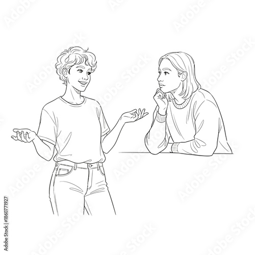 Two young people talking and listening, illustration, discussion, communication concept