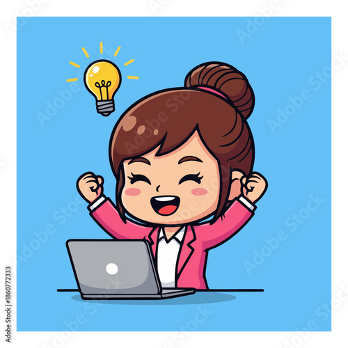 A cartoon woman celebrating with a laptop and a bright idea symbolized by a light bulb above her head in a simple, vector illustration style.