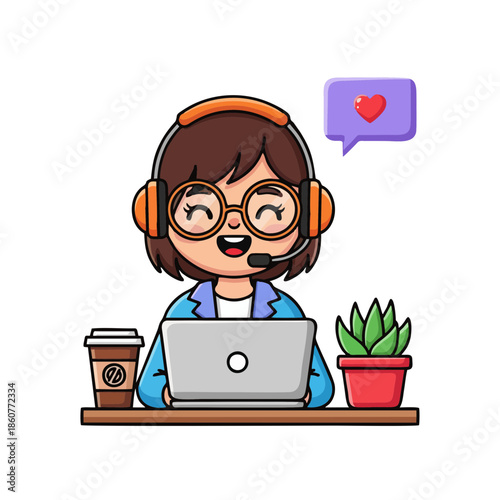 Woman working on laptop at desk with coffee cup, headset, and potted plant nearby